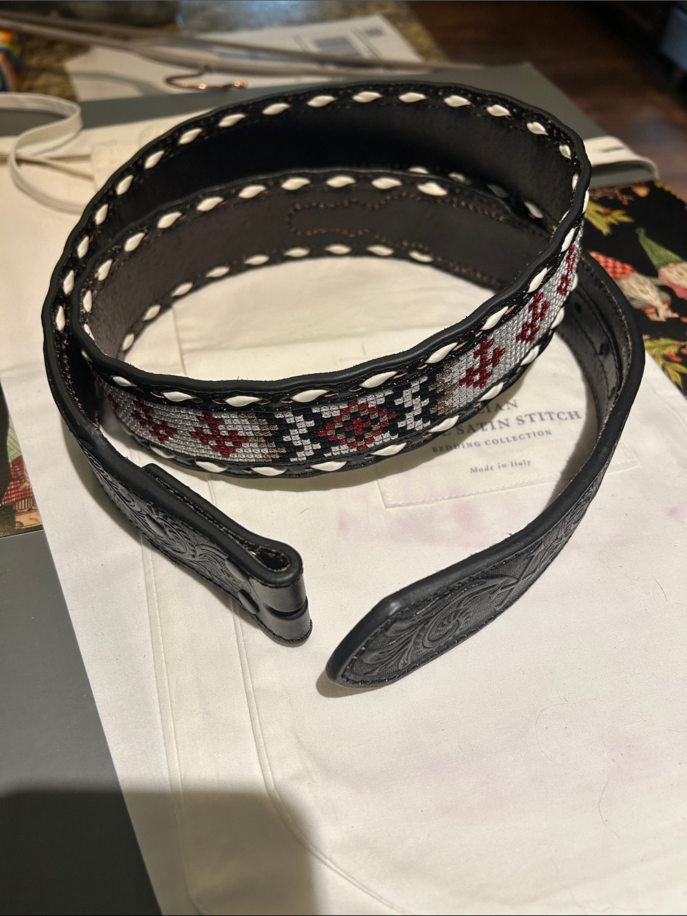 3D Sz 40 Black Leather Cross-Stitch Belt with Red and White Beaded Pattern